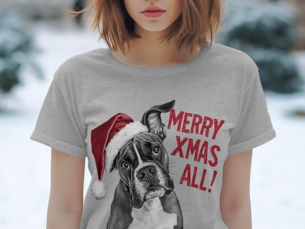 Xmas TShirt Christmas T Shirt Boxer Dog Santa Hat Dog Lover Gifts Pet Christmas Shirt Holiday Season Merry Xmas TShirt Graphic Tee – Soft Feel · Top Pick For Any Outfit