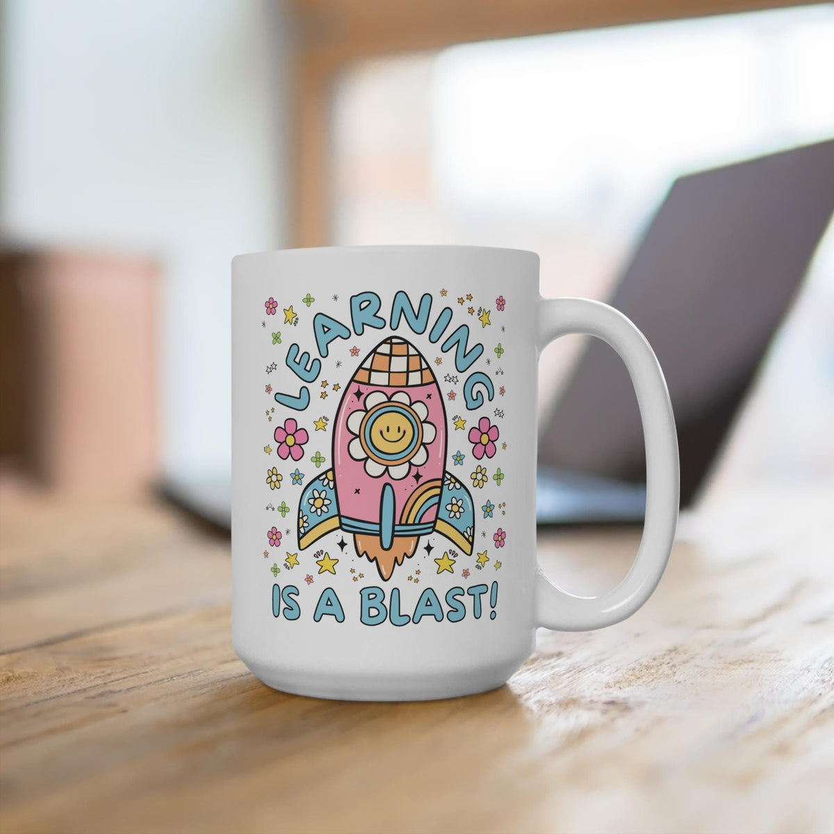 Cute Science Teacher Coffee Mug Retro Flowers in Outer Space Learning is a Blast Trendy Back To School Elementary School Teacher 15 Oz Cup Graphic Tee – Everyday Comfort · Perfect For Daily Wear