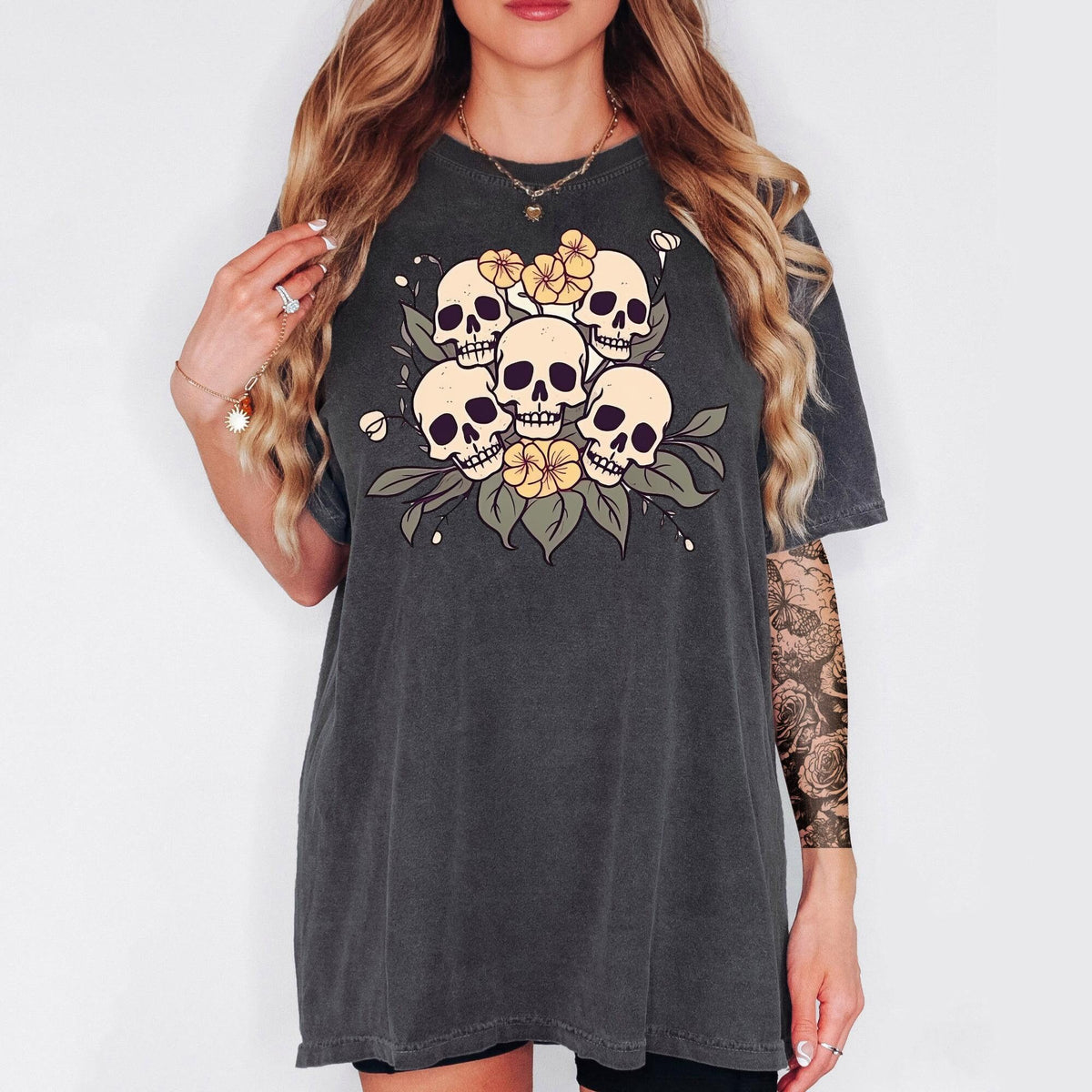 Bloom Skull Shirt Halloween Shirt Floral Skull Boho Graphic Tee Womens Fall Shirt Flower Skull Skeleton Blooms Graphic Tee – Cozy Vibes · High-Quality Print