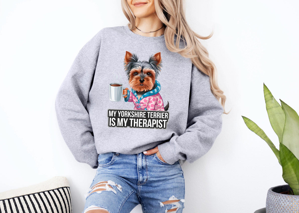 Funny Dog Sweatshirt Yorkshire Terrier Therapist Sweatshirt Dog Drinking Coffee Sweatshirt Cute Dog Lover Gift Cozy Pet Hoodie Hoodie – Aesthetic Look · High-Quality Print