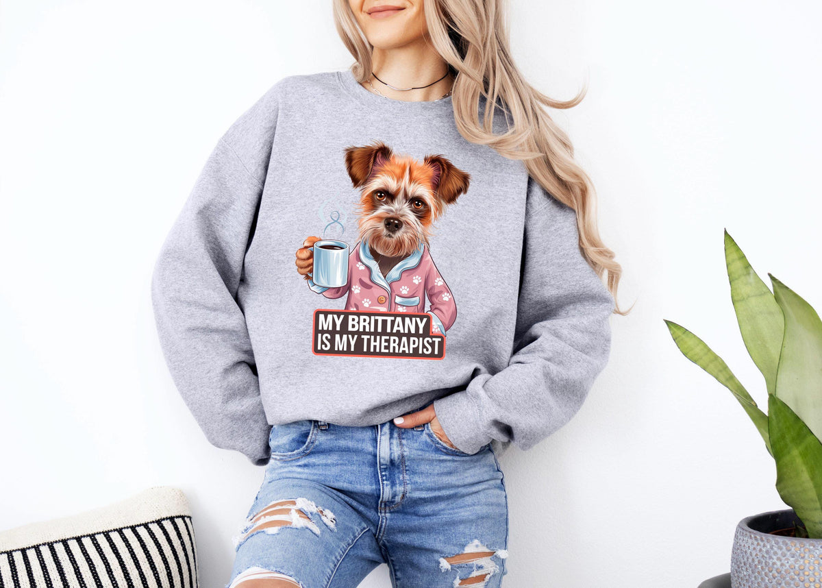 Funny Dog Sweatshirt My Brittany Is My Therapist Cute Dog Drinking Coffee Dog Lover Gift Humorous Dog Sweatshirt Cozy Sweater Sweatshirt – Aesthetic Look · Trending Graphic Apparel