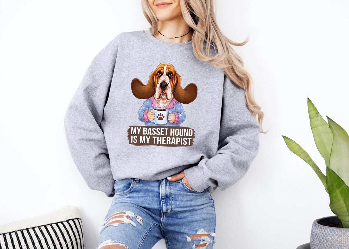 Funny Dog Sweatshirt My Basset Hound Is My Therapist Dog Drinking Coffee Sweatshirt Cute Dog Lover Gift Funny Dog Quote Shirt Sweatshirt – Premium Graphic · Trending Graphic Apparel