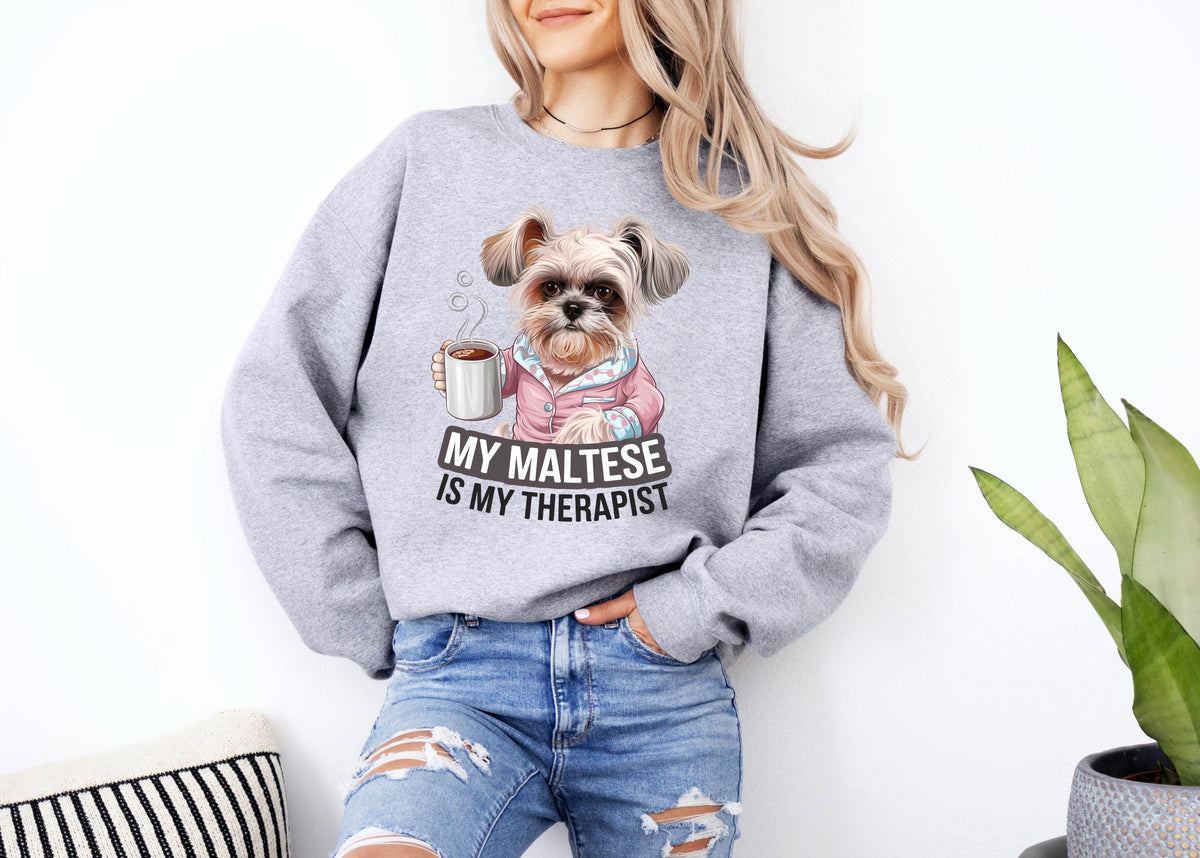 Funny Dog Sweatshirt Maltese Therapist Graphic Cute Dog Drinking Coffee Cozy Unisex Pullover Sweater Animal Lover Gift Sweatshirt – Warm & Stylish · High-Quality Print