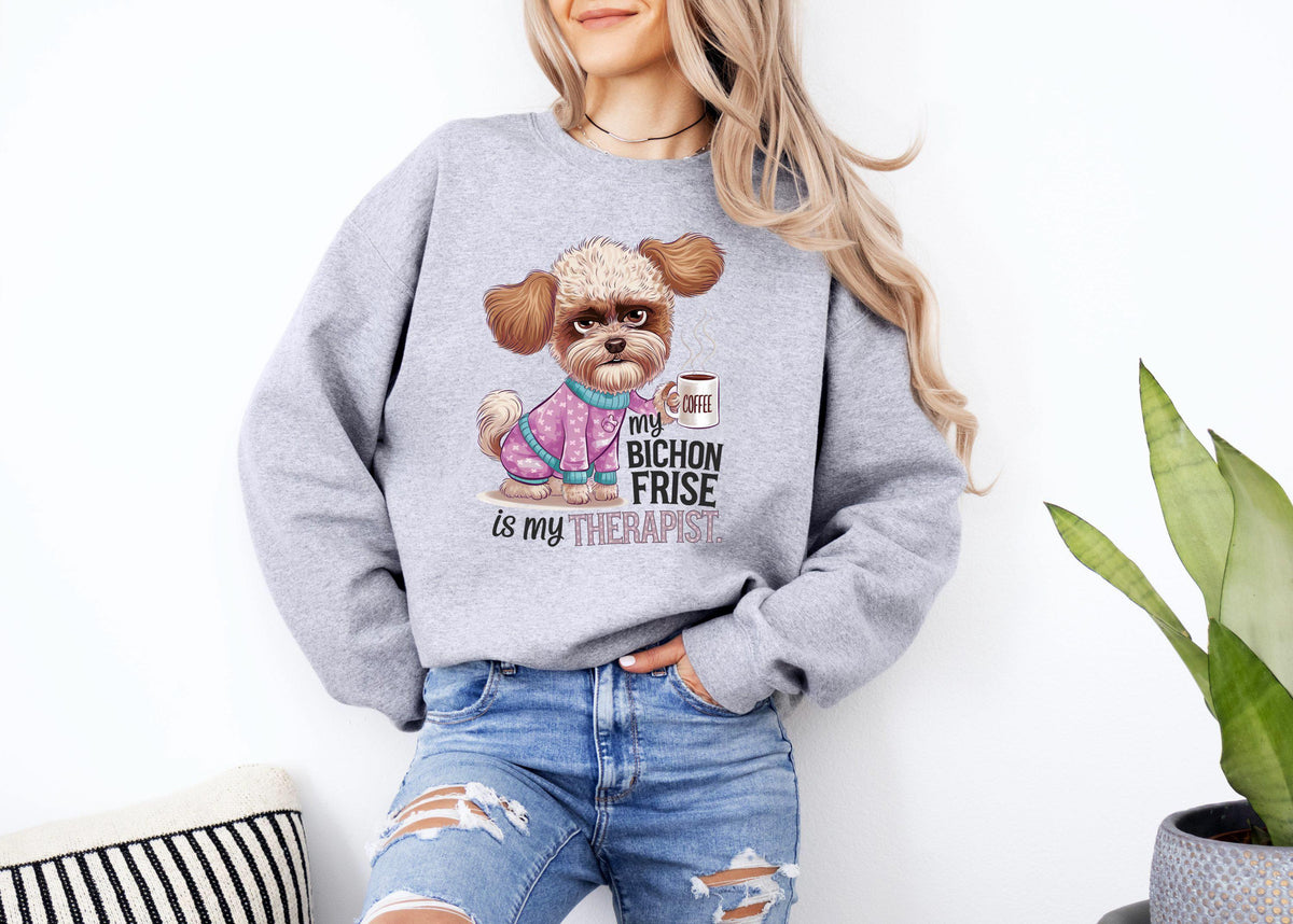 Funny Dog Sweatshirt Dog Therapist Sweatshirt Dog Drinking Coffee Bichon Frise Sweatshirt Cute Dog Sweatshirt Pet Lover Gift Sweatshirt – Warm & Stylish · Perfect For Daily Wear