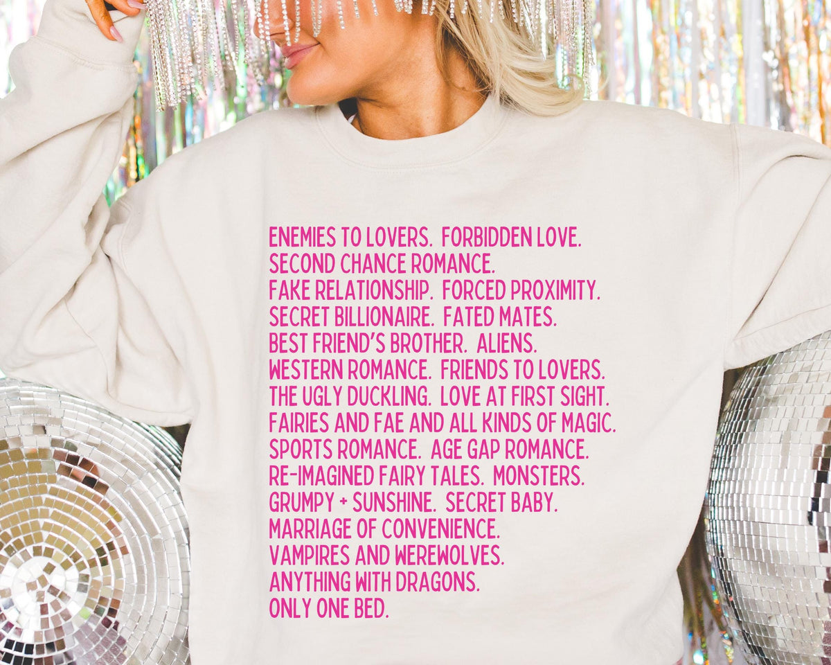 Bookish Romance Tropes Sweatshirt for Bookworm Romance Reader Crewneck Enemies to Lovers Fantasy Romance Gift Cute Book Lover Gift Idea Sweatshirt – Fan Favorite · Great Gift For Fans