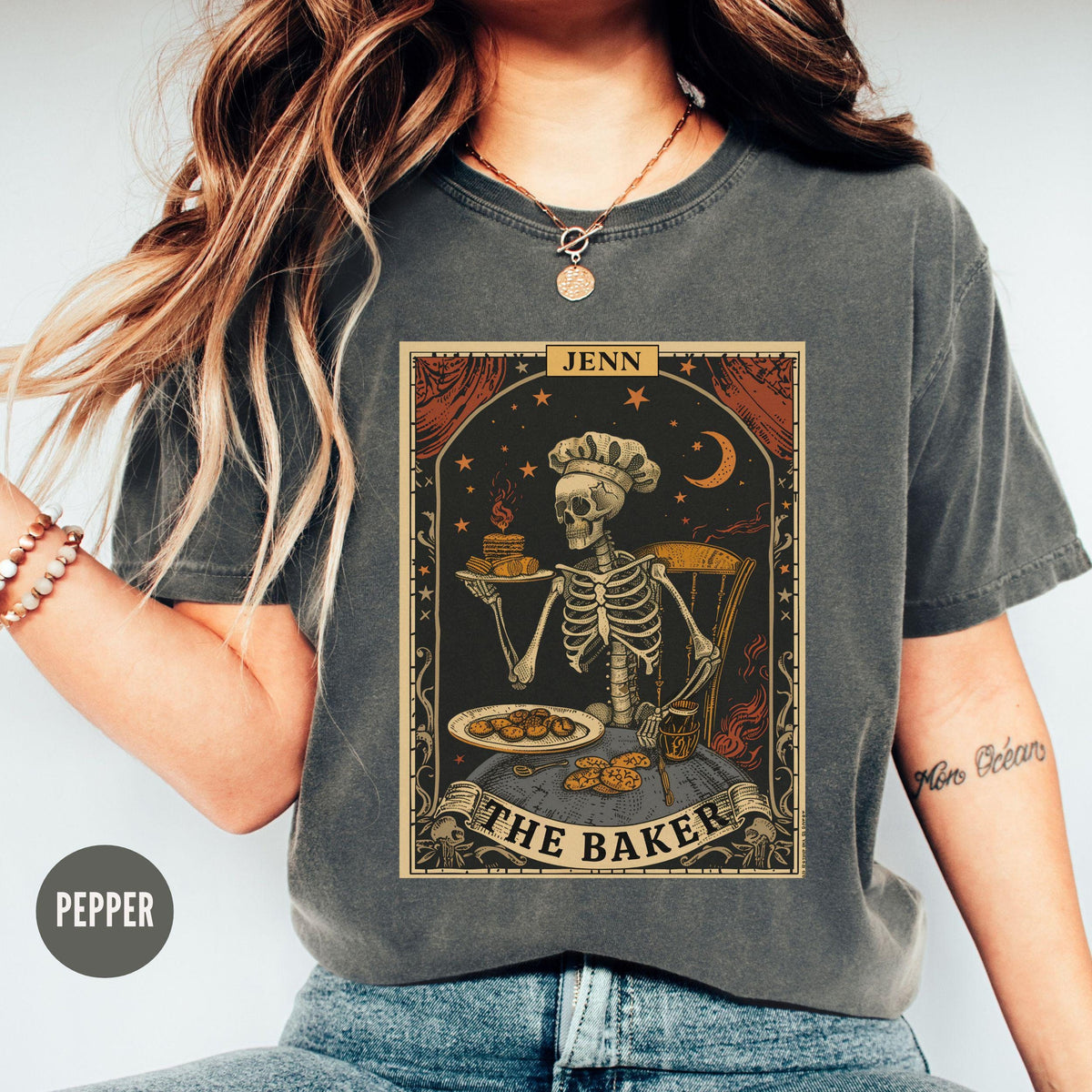 Personalized Baking Gift Skeleton Tarot Shirt for Baker Funny Cookie Baking Shirt Halloween Chef Gifts Custom Bread Making Tshirt Graphic Tee – Soft Feel · Great Gift For Fans
