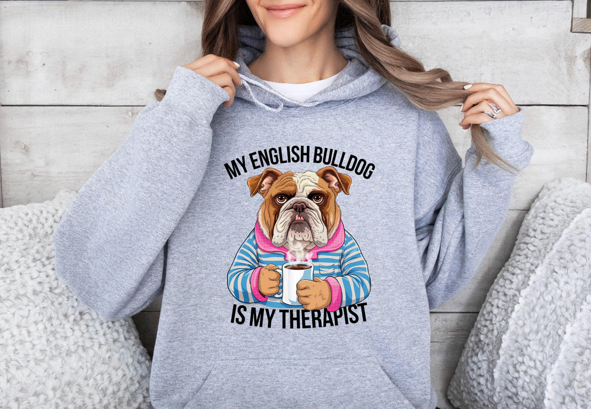 Funny Dog Therapist Unisex Hoodie Drinking Coffee English Bulldog Lover Gift Comfortable Sweatshirt Cute Dog Lover Apparel Hoodie – Easygoing Wear · Must-Have Style