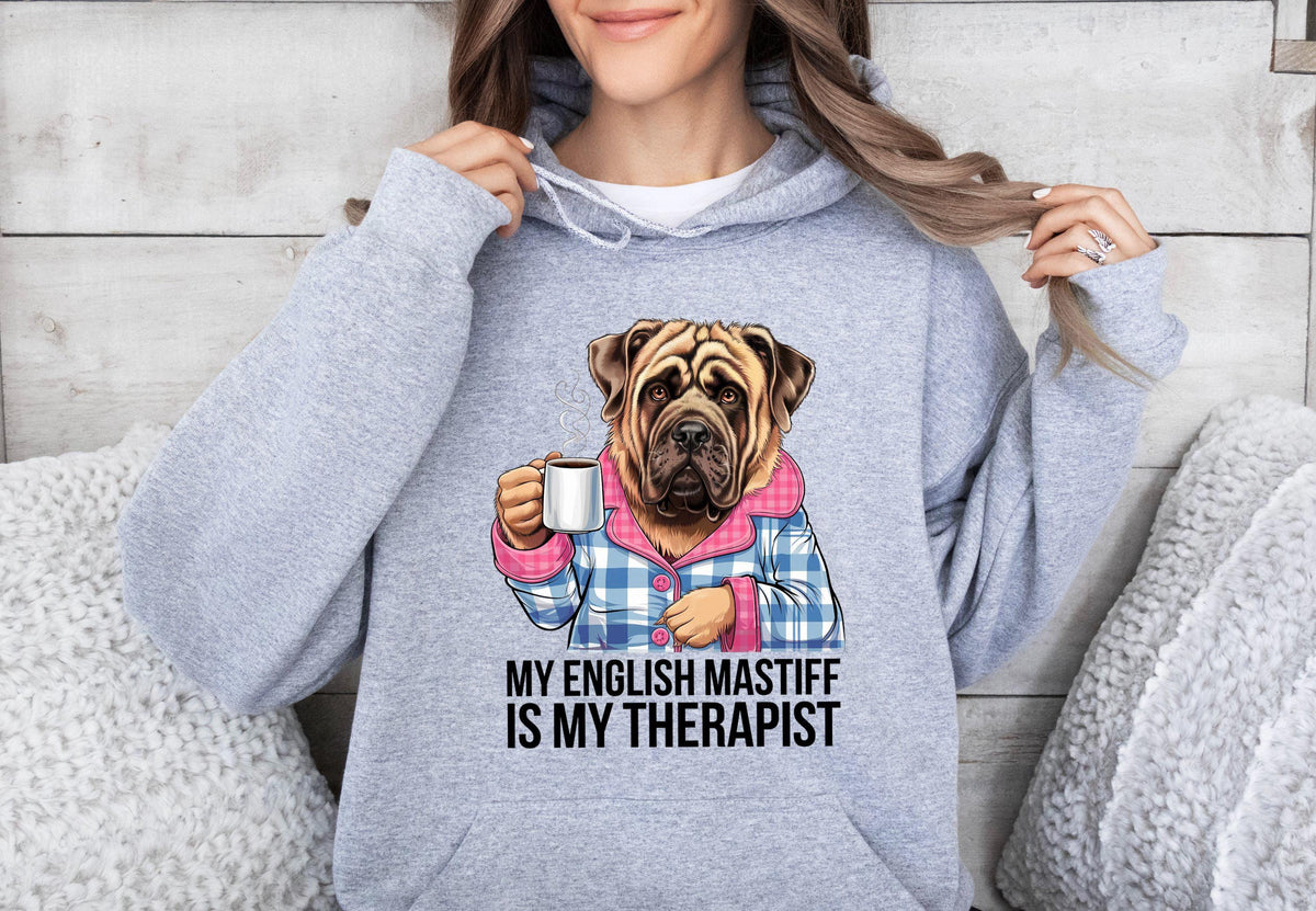 Funny Dog Therapist Unisex Hoodie English Mastiff Drinking Coffee My Therapist Hoodie Cute Pet Lovers Sweatshirt Gift Hoodie – Aesthetic Look · Must-Have Style