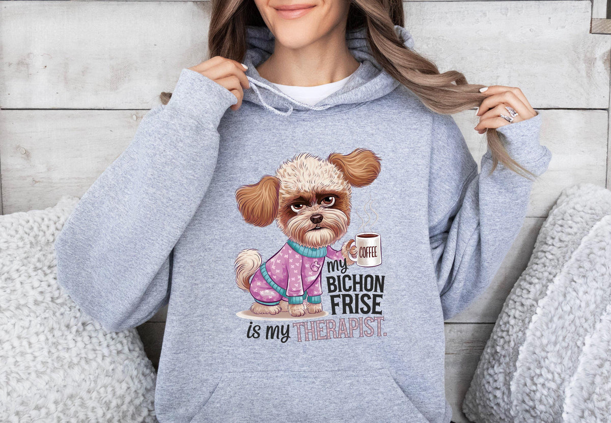 Funny Dog Therapist Unisex Hoodie Drinking Coffee Cute Bichon Frise Design Comfortable Cozy Pullover Perfect Gift for Pet Lovers Hoodie – Feel-Good Design · Trending Graphic Apparel