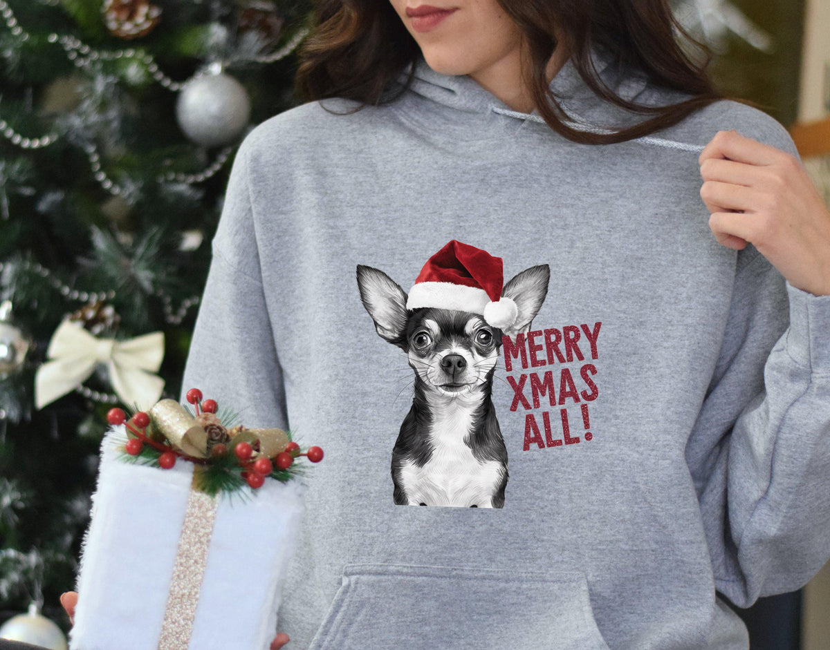 Xmas Hoodie Chihuahua Dog Santa Hat Merry Xmas All Hoodie Christmas Hoodie Xmas Jumper Day Festive Dog Santa Hat Merry Xmas Hoodie Hoodie – Everyday Comfort · Trending Graphic Apparel