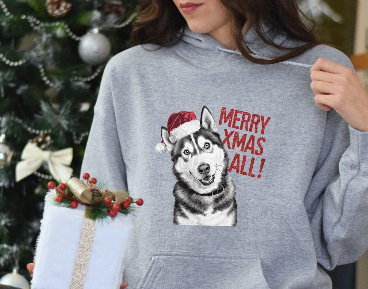 Xmas Siberian Husky Dog Hoodie Dog with Santa Hat Hoodie Merry Xmas All Hoodie Xmas Jumper Day Hoodie Festive Dog Sweater Funny Xmas Hoodie Hoodie – Everyday Comfort · Great Gift For Fans