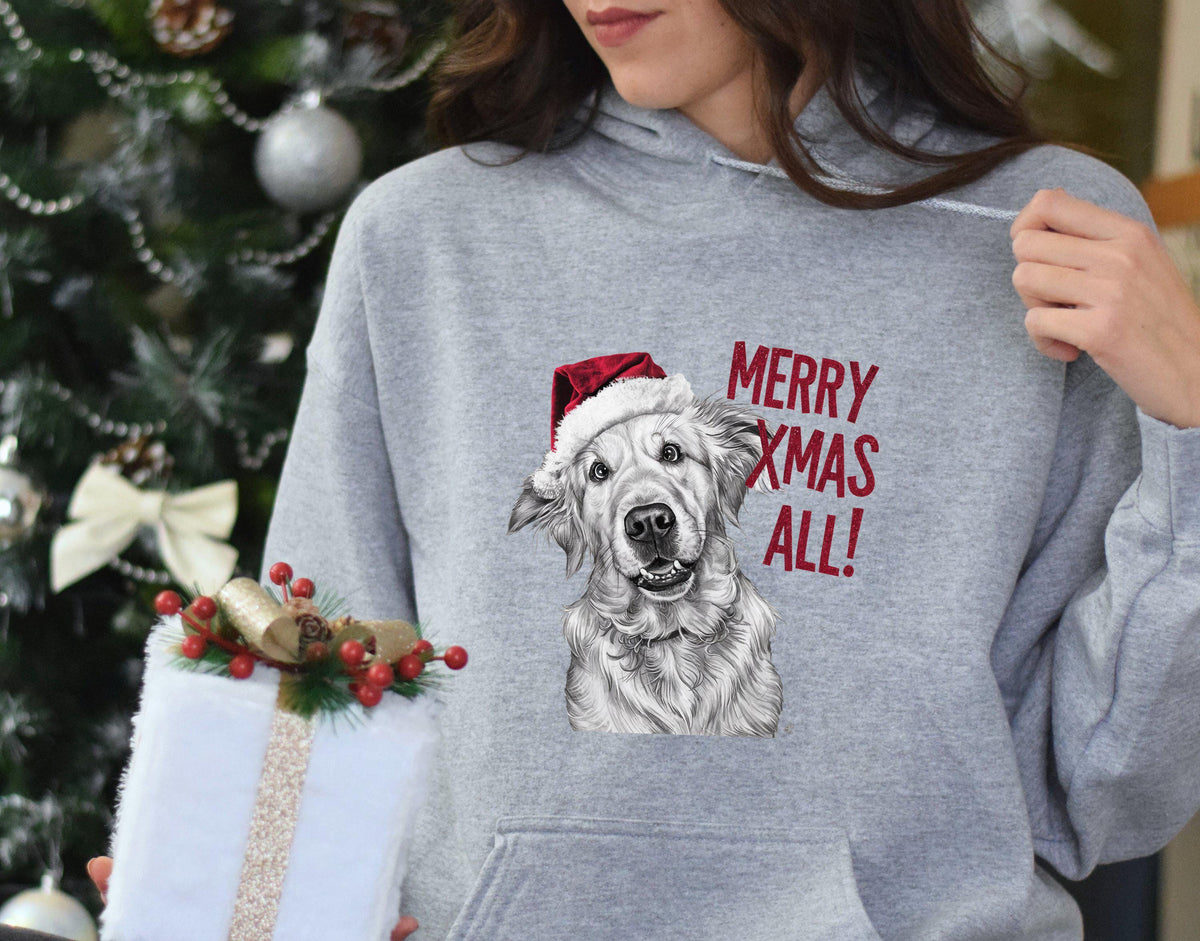 Xmas Hoodie Golden Retriever Dog Santa Hat Merry Xmas All Fun Xmas Jumper Day Perfect Gift Christmas Sweater Unisex Holiday Festive Wear Hoodie – Soft Feel · High-Quality Print