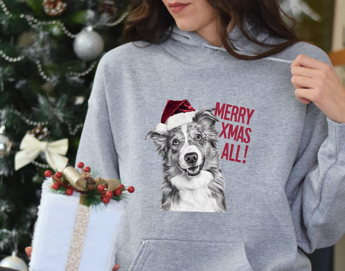 Xmas hoodie Australian Shepherd dog in red Santa hat saying Merry Xmas All perfect for xmas jumper day cozy and fun holiday gift Hoodie – Easygoing Wear · Top Pick For Any Outfit