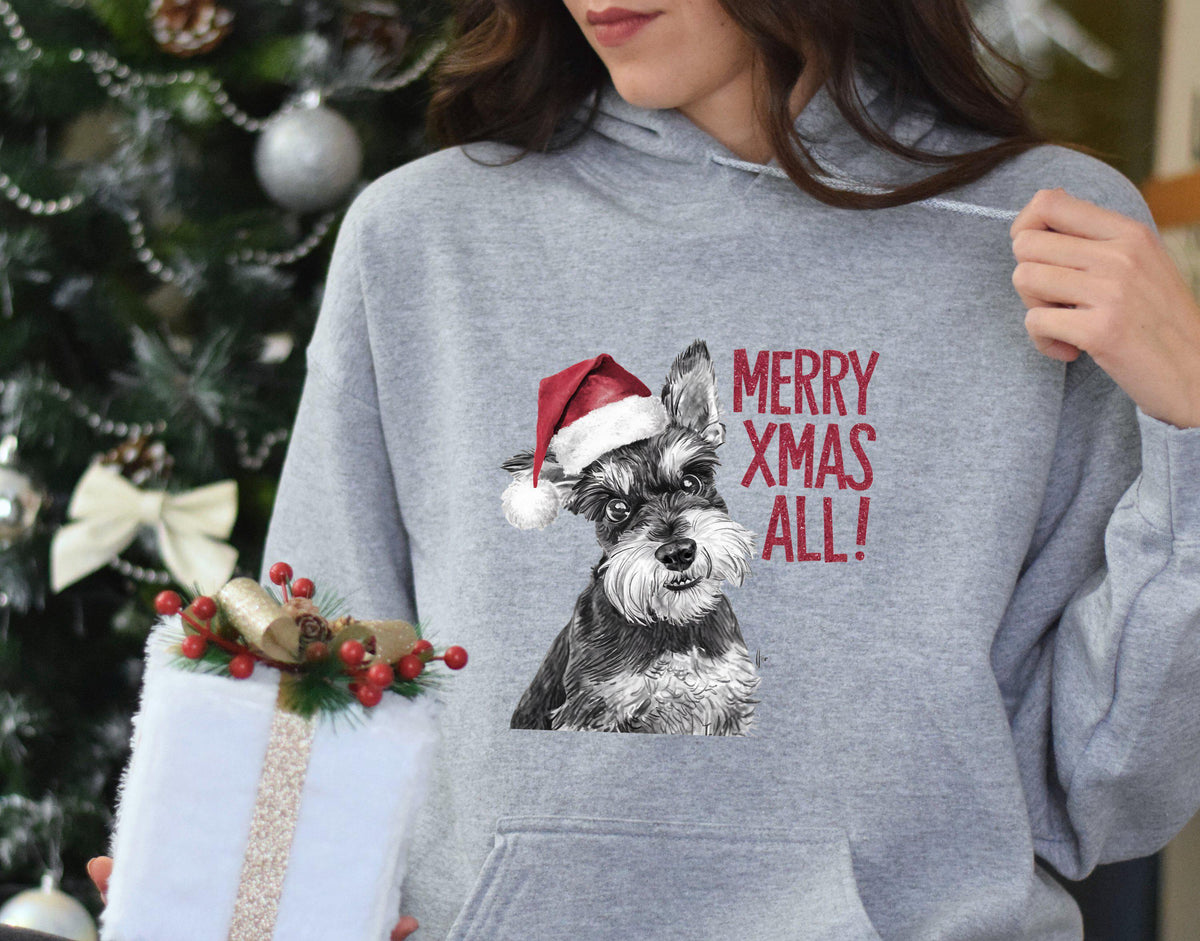 Christmas Hoodie Miniature Schnauzer Dog in Santa Hat Funny Xmas Sweater Merry Xmas All Hoodie Festive Dog Hoodie Xmas Jumper Day Gift Hoodie – Warm & Stylish · Perfect For Daily Wear