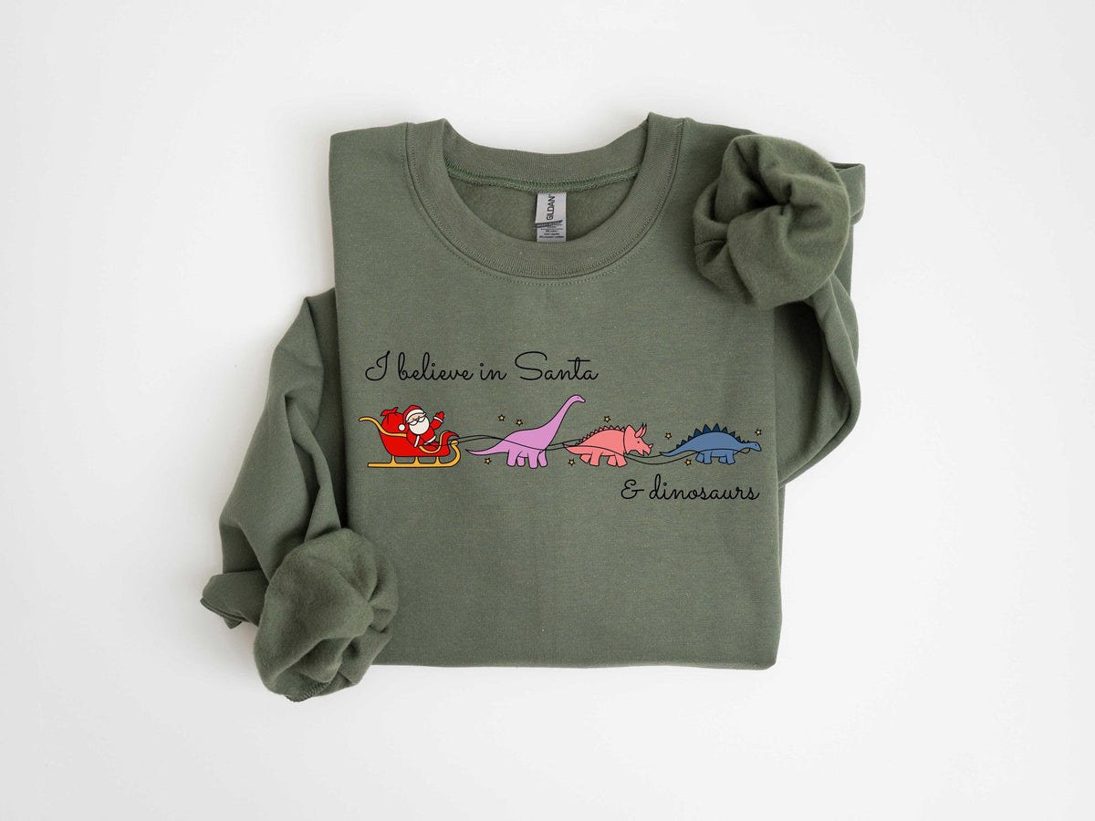 I Believe in Santa and Dinosaurs Christmas Santa Sweatshirt Santa Sweater Cute Dinosaur Sweatshirt Funny Xmas Sweatshirt Xmas Gifts Sweatshirt – Feel-Good Design · Perfect For Daily Wear