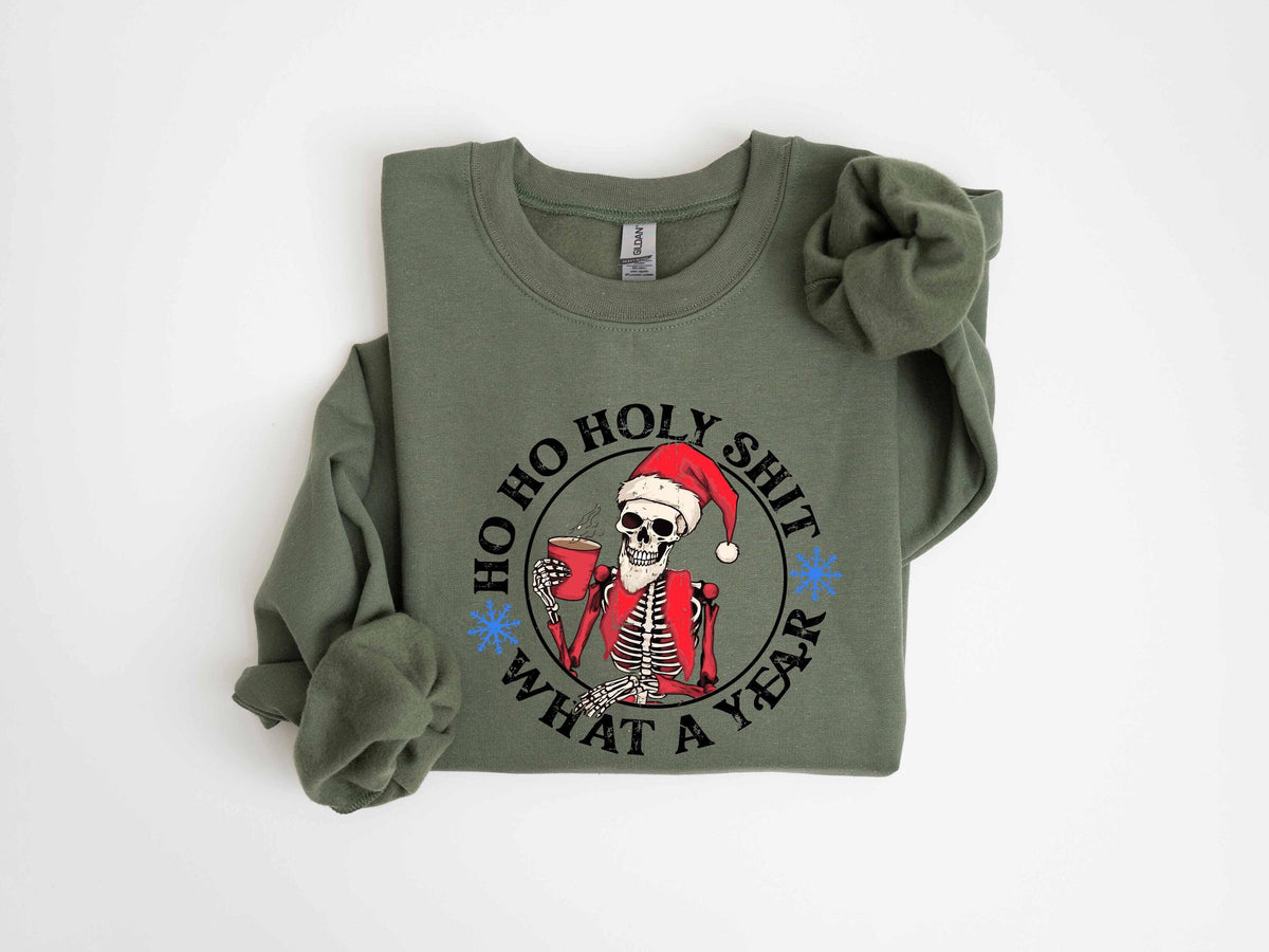 Ho Ho Holy Shit What A Year Sweatshirt Christmas Humor Sweatshirt Skeleton Santa Claus Sweat Funny Christmas Skeleton Gifts for Friends Sweatshirt – Aesthetic Look · Perfect For Daily Wear