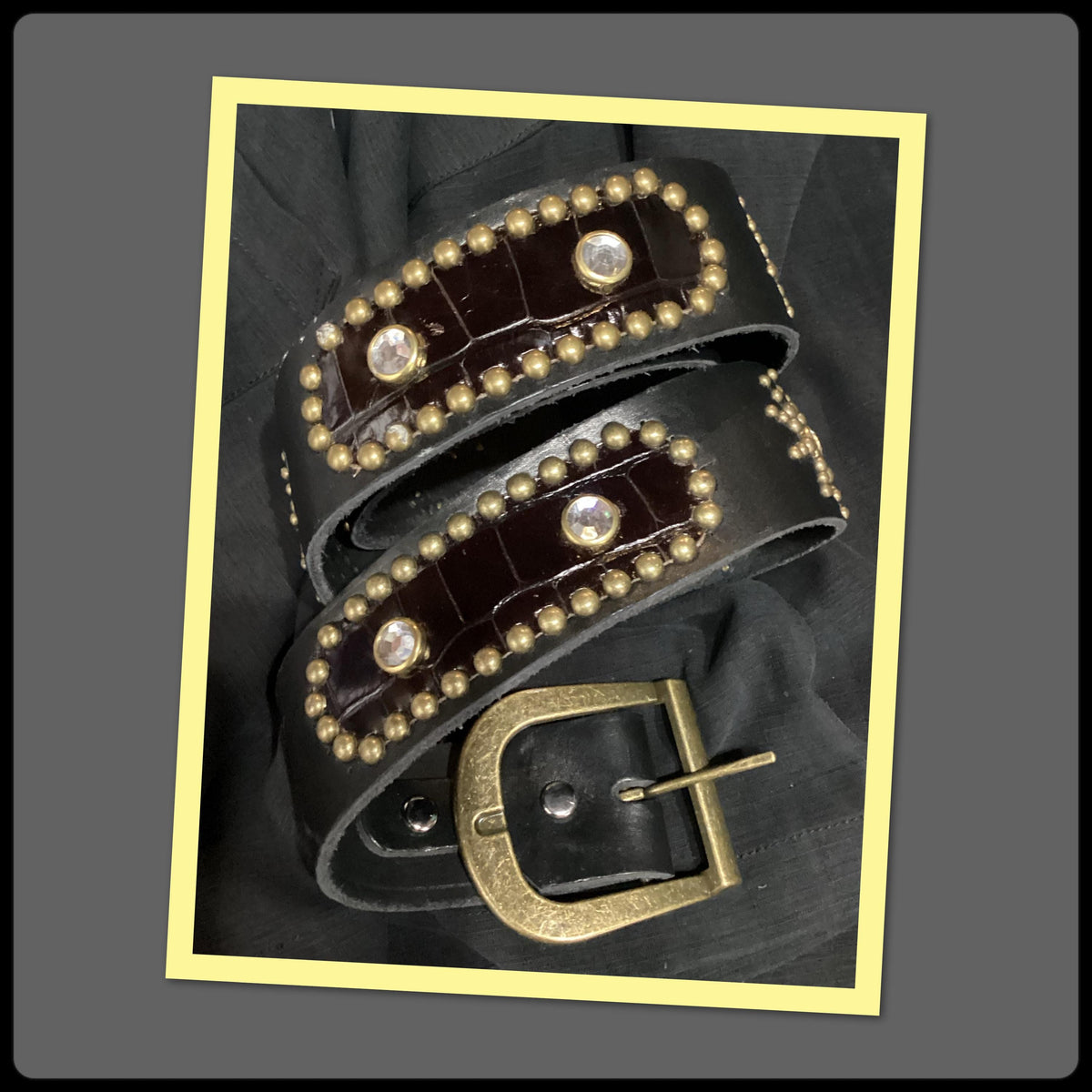 T020 194039s style black leather gold tone studded rockabilly western biker belt with black faux lizard inlay 38quot waist T020 Graphic Tee – Aesthetic Look · High-Quality Print