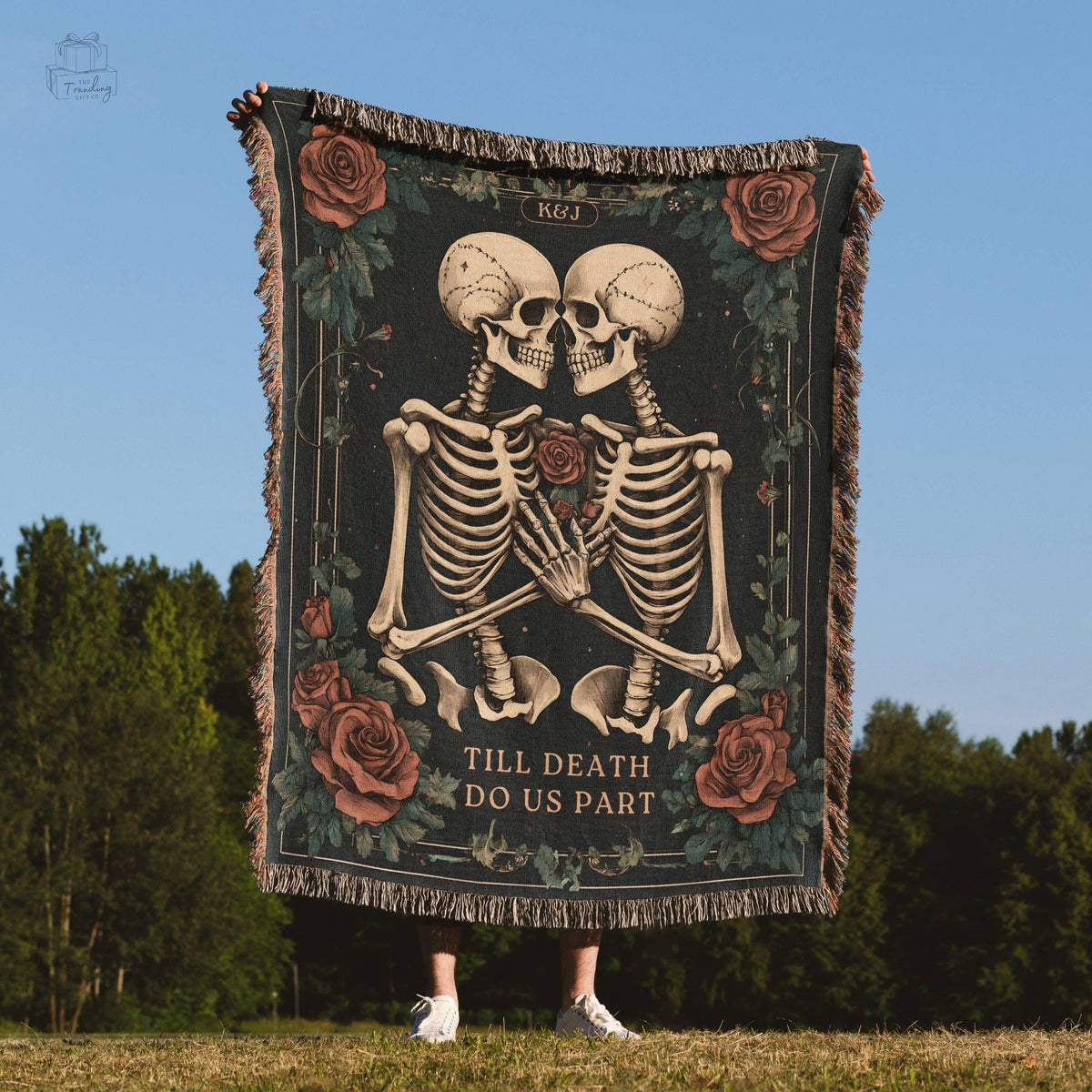 Custom Skeleton Couple Woven Blanket Personalized Goth Wedding Woven Tapestry Dark Academia Anniversary Gift Till Death Gothic Home Decor Graphic Tee – Bold Style · Great Gift For Fans