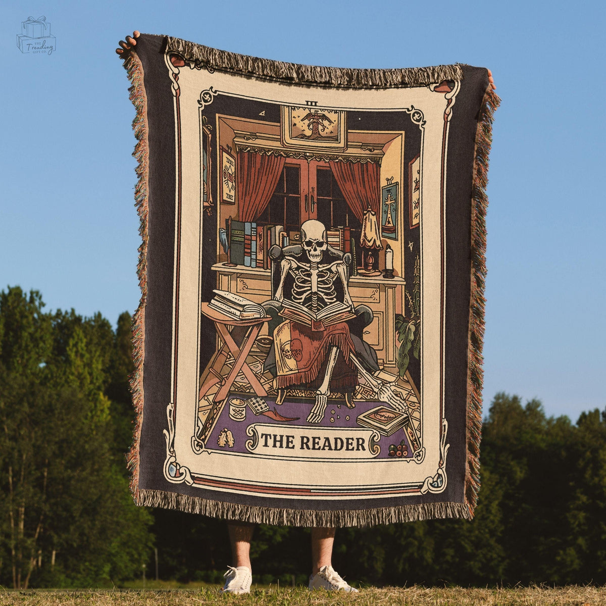 The Reader Tarot Card Blanket Skeleton Bookish Gifts Book Nook Decor Woven Tapestry Librarian Gifts Book Lover Housewarming Throw Graphic Tee – Aesthetic Look · Top Pick For Any Outfit