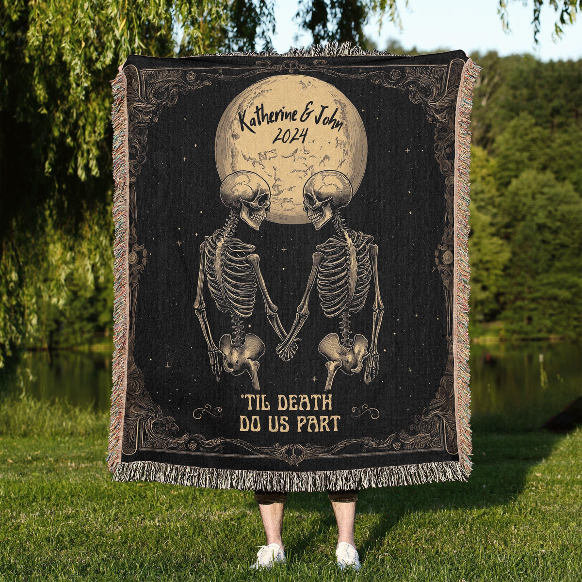 Personalized Anniversary Blanket Custom Skeleton Couple Til Death Woven Tapestry Gothic Wedding Gift 2nd Annivarsary Cotton Throw Graphic Tee – Fan Favorite · Great Gift For Fans