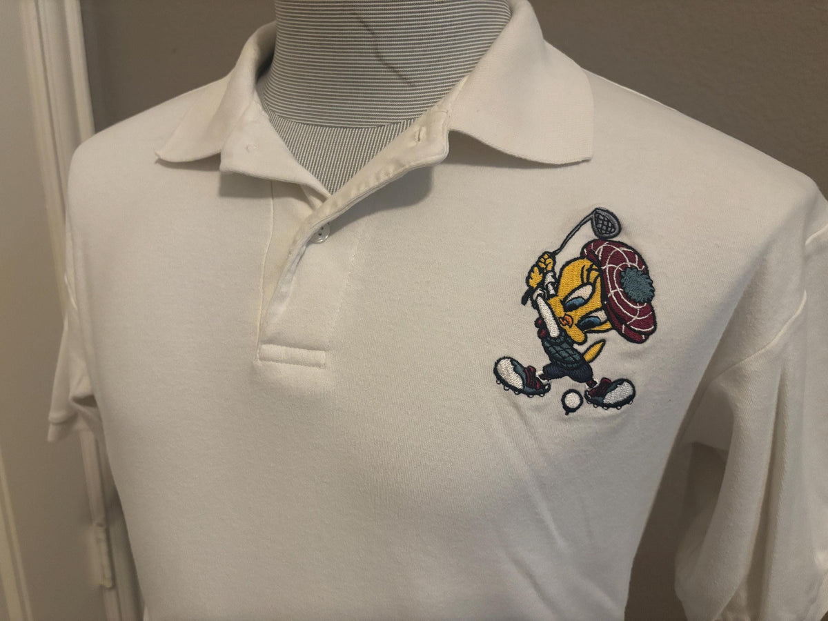 Vintage 90s Tweety Bird Golfing Looney Tunes Golf Embroidered Collared Polo shirt M Graphic Tee – Soft Feel · Great Gift For Fans