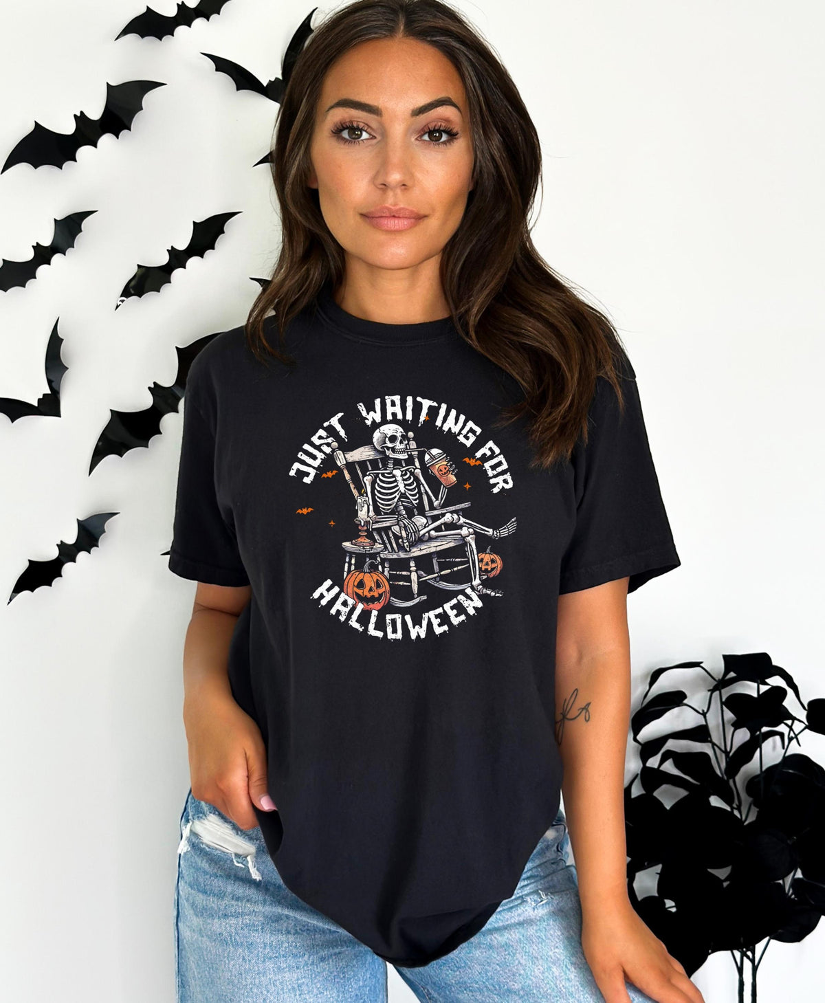 Just Waiting for Halloween Skeleton Shirt Distressed Halloween TShirt Grunge Distressed Graphic Tee Graphic Tee – Warm & Stylish · High-Quality Print