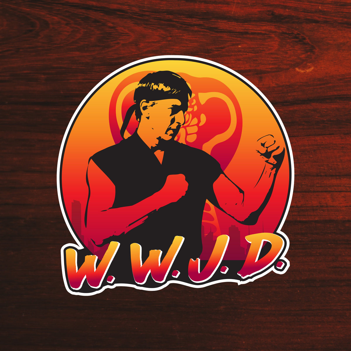 WWJD Johnny Lawrence Cobra Kai Sticker Karate Kid 80s sticker Vintage Movie Sticker TV Shows Sticker Gifts Cobra Kai Characters Graphic Tee – Premium Graphic · Great Gift For Fans
