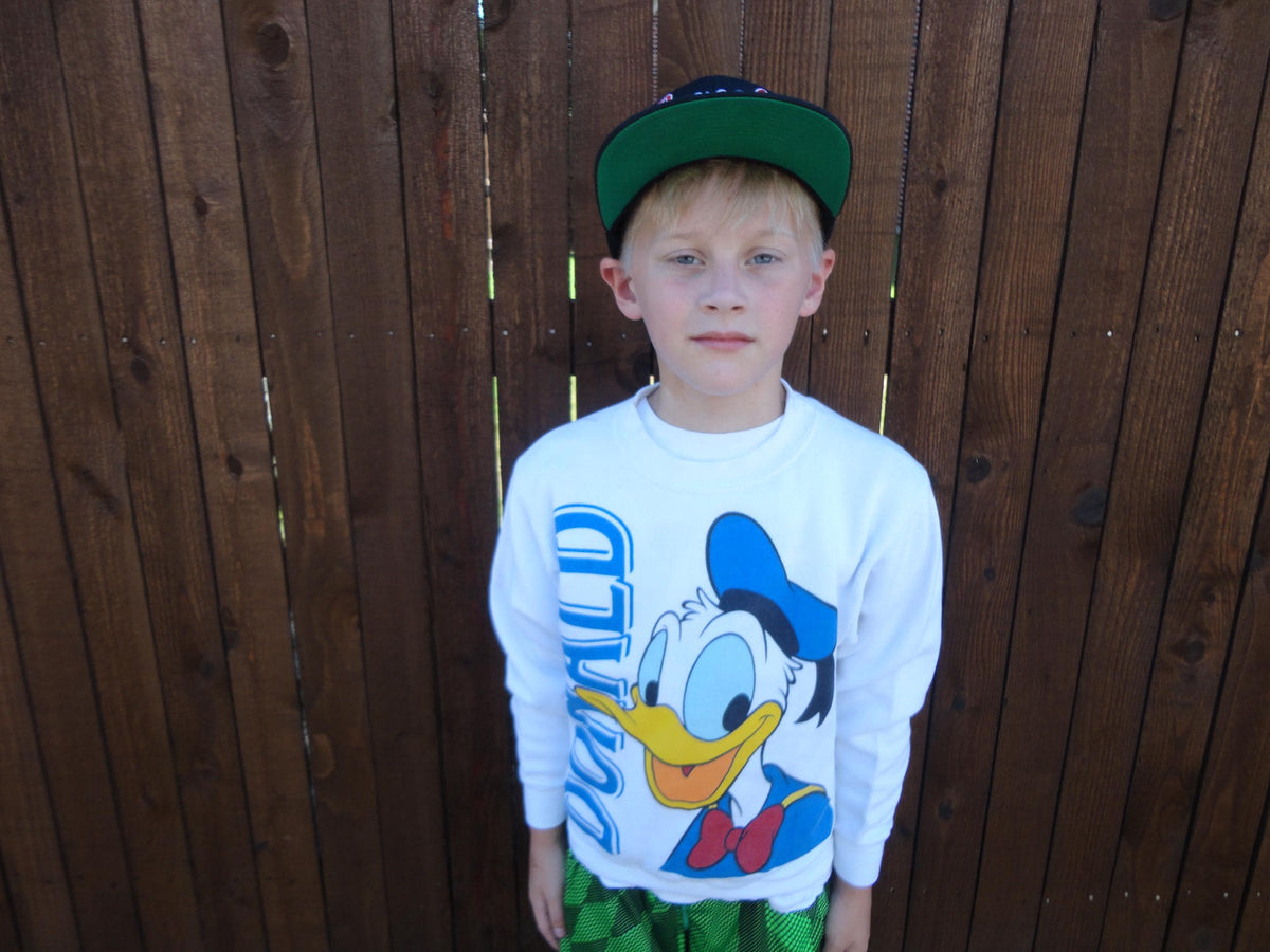 Vintage 9039s Walt Disney Donald Duck Double Sided White Crewneck Sweatshirt Kids Youth Size L Sweatshirt – Soft Feel · Must-Have Style