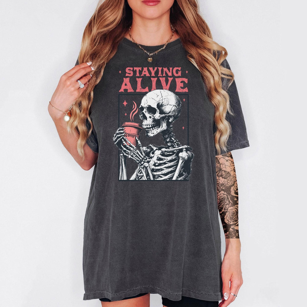 Staying Alive Shirt Trendy Coffee Shirt Funny Skeleton TShirt Coffee Lovers Gift Skull Vintage Halloween Tshirt Women Graphic Tee – Warm & Stylish · High-Quality Print