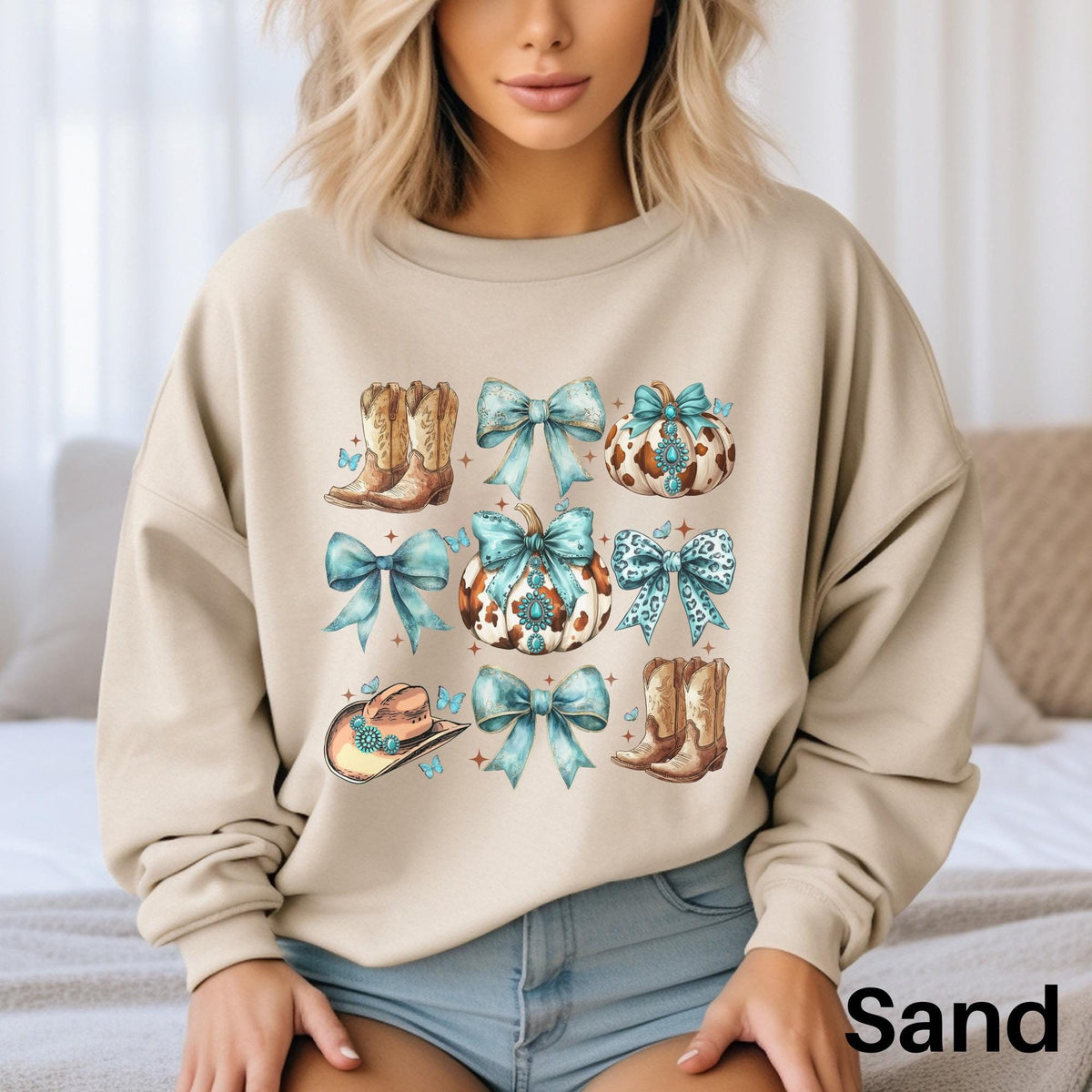 Western Coquette Sweatshirt Western Fall Shirt Cowhide Pumpkin Shirt Thanksgiving Shirt Fall Coquette Bow Sweater Western Rodeo Tee Sweatshirt – Bold Style · High-Quality Print