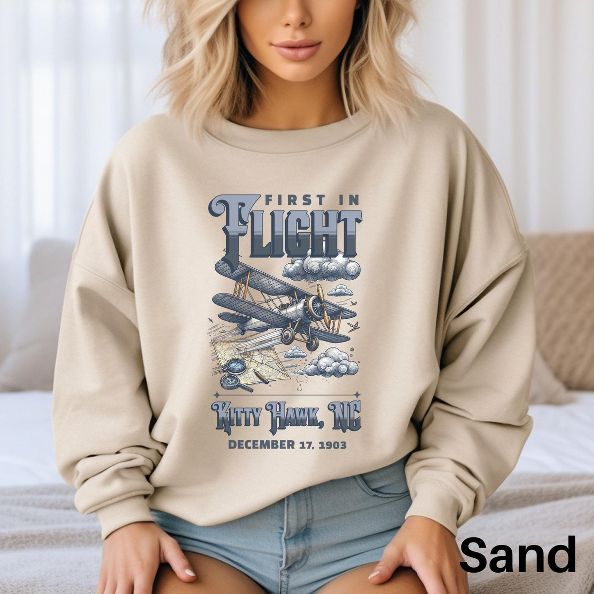 First In Flight Sweatshirt Aviation Sweater Outer Banks North Carolina Shirt Pilot Shirt Airplane Shirt Pilot Gift History Lover Gift Sweatshirt – Soft Feel · Trending Graphic Apparel