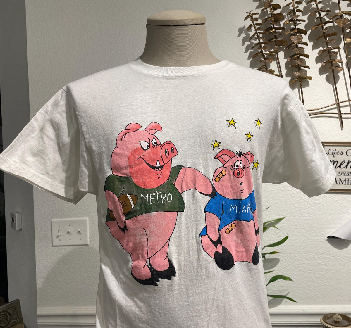 Vintage 80 Pig Metro Vs Miami Football hand painted white Tshirt size M Graphic Tee – Cozy Vibes · High-Quality Print