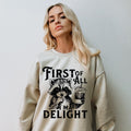 First of All I39m a Delight Sweatshirt Sarcastic Shirt Adult Humor Shirts Raccoon Sweatshirt Funny Raccoon Shirt Bad Girl Crewneck Sweatshirt – Premium Graphic · High-Quality Print