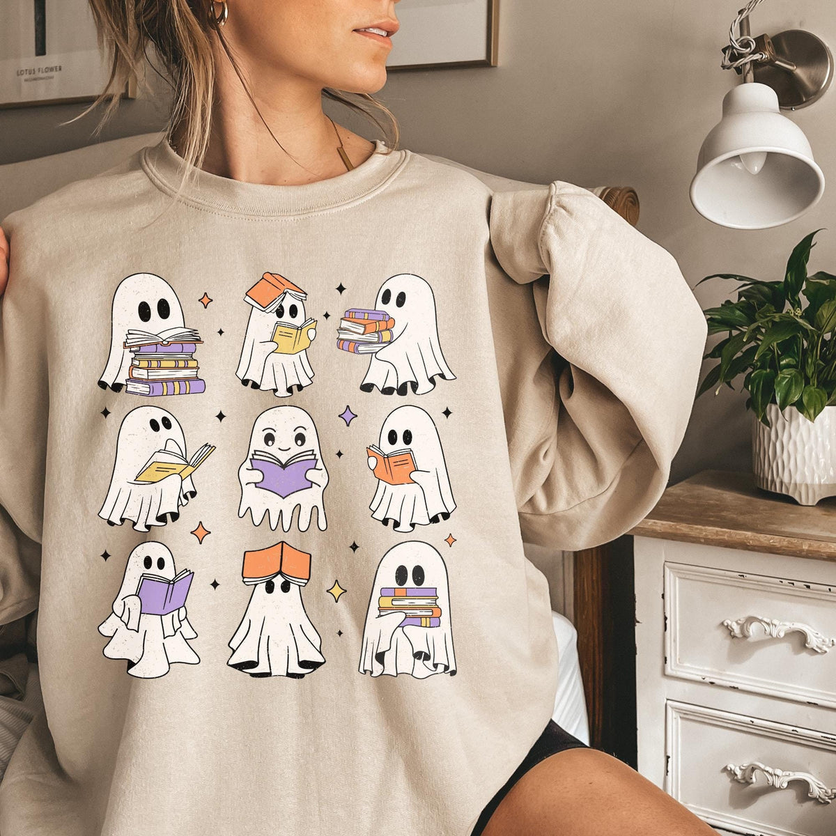 Ghost Reading Books Sweater Bookish Halloween Sweatshirt Halloween Teacher Gift Librarian Halloween Hoodie Ghost Crewneck Hoodie – Fan Favorite · High-Quality Print