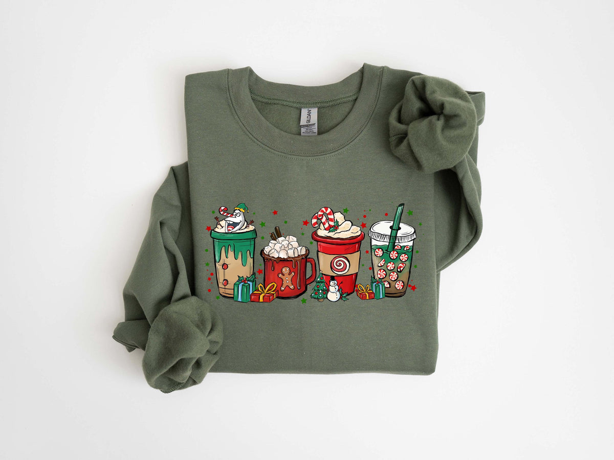 Snowman Coffee Cups Sweatshirt Woman Christmas Sweatshirt Holiday Coffee Cups Jumper Xmas Eve Outfits Coffee Lover Christmas Gifts Sweatshirt – Aesthetic Look · High-Quality Print