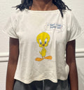 Vintage 80s Looney Tunes Tweety Bird I Twat I Paw A Puddy white Tshirt modeled size M Graphic Tee – Feel-Good Design · Trending Graphic Apparel