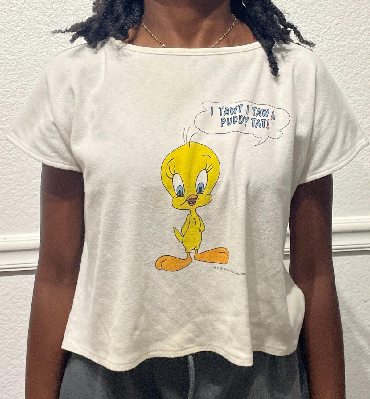 Vintage 80s Looney Tunes Tweety Bird I Twat I Paw A Puddy white Tshirt modeled size M Graphic Tee – Feel-Good Design · Trending Graphic Apparel