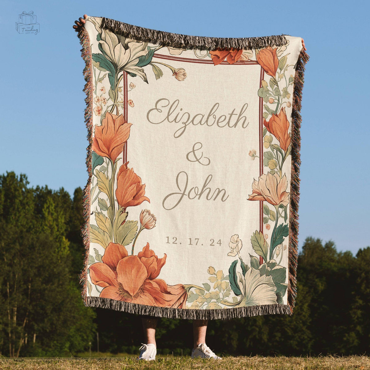 Personalized Wedding Tapestry Custom Floral Woven Blanket Cotton Anniversary Gift Couple Name Monogram Throw Wife Husband Newlywed Gift Graphic Tee – Aesthetic Look · Great Gift For Fans