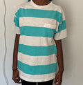 Vintage 80s Blue And White Stripped modeled Tshirt size M Graphic Tee – Feel-Good Design · Trending Graphic Apparel