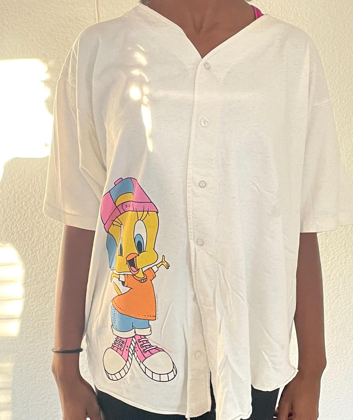 Vintage 90s Tweety Looney Tunes button up modeled white Baseball Jersey size L Jersey – Feel-Good Design · Trending Graphic Apparel