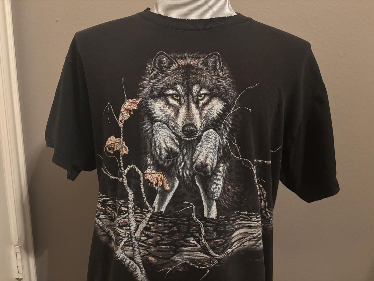 Vintage 9039s Timber Wolf Jumping Over Log T shirt L Graphic Tee – Cozy Vibes · High-Quality Print