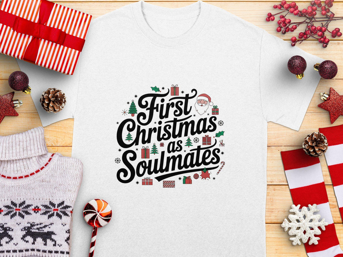 First Christmas as Soulmates TShirt Cute Christmas Tee Couple39s Holiday Shirt Xmas Matching Outfit Festive Graphic Tee Graphic Tee – Bold Style · Trending Graphic Apparel