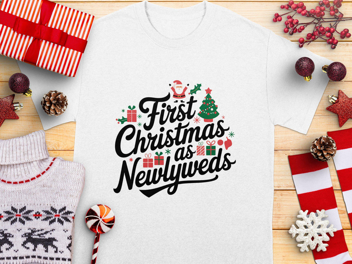 First Christmas Newlyweds TShirt Funny Christmas Gift Shirt Christmas Honeymoon Tee Cute Holiday Couple Shirt Newlywed Xmas Top Graphic Tee – Premium Graphic · Top Pick For Any Outfit