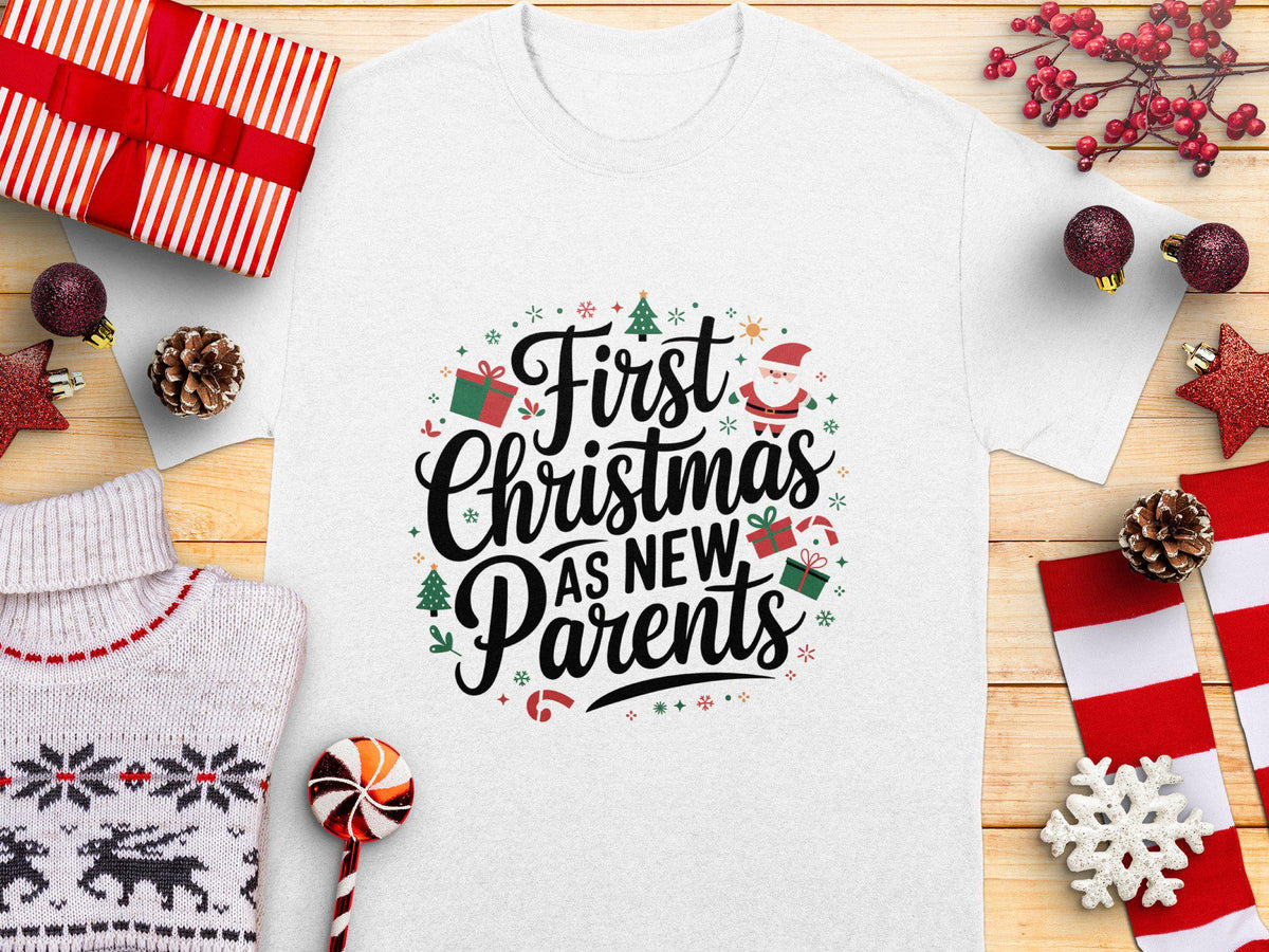 First Christmas as New Parents TShirt Holiday Season Tee Christmas Gift for New Parents Cute Holiday Shirt Festive Parent Shirt Graphic Tee – Bold Style · Perfect For Daily Wear