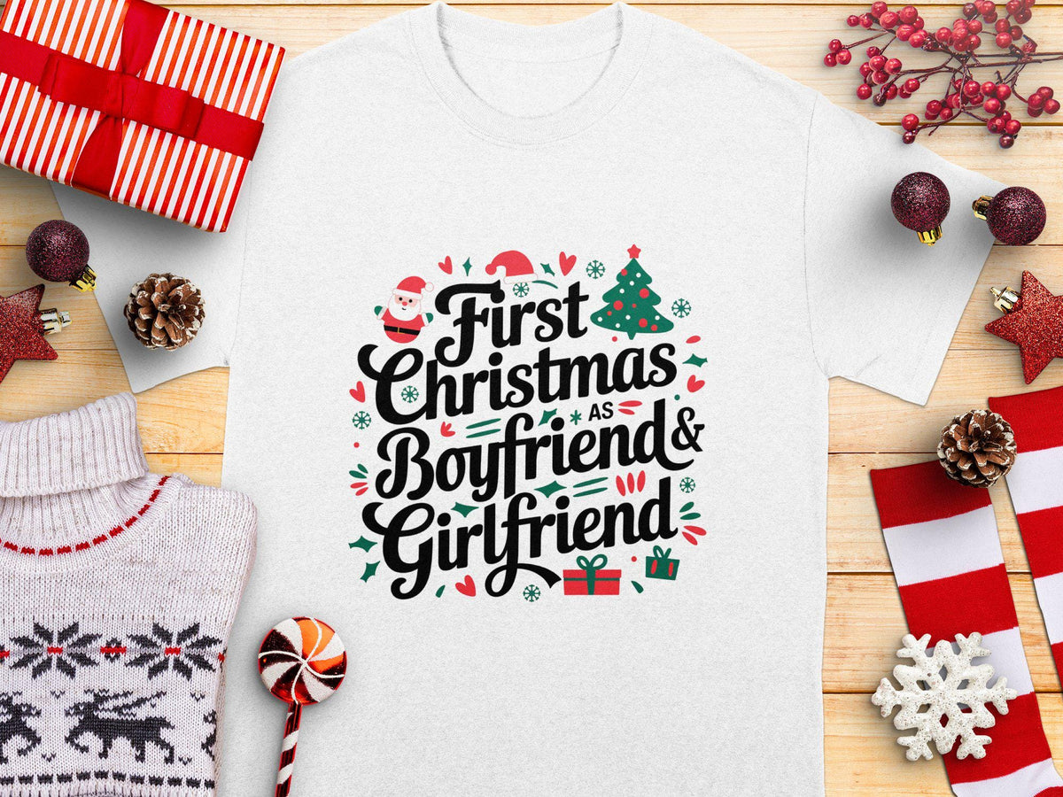 First Christmas as Boyfriend and Girlfriend TShirt Couples Matching Christmas Gift Tee Cute Holiday Shirt for Couples Graphic Tee – Bold Style · Top Pick For Any Outfit