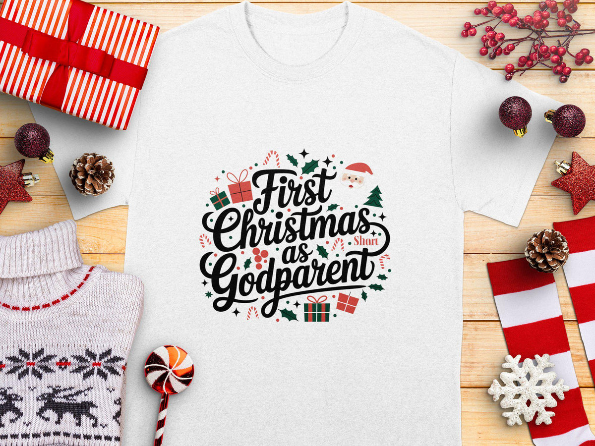 First Christmas as Godparent TShirt Holiday Gift for Godparent Christmas TShirt Christmas Present for Godparent Graphic Tee – Premium Graphic · Perfect For Daily Wear