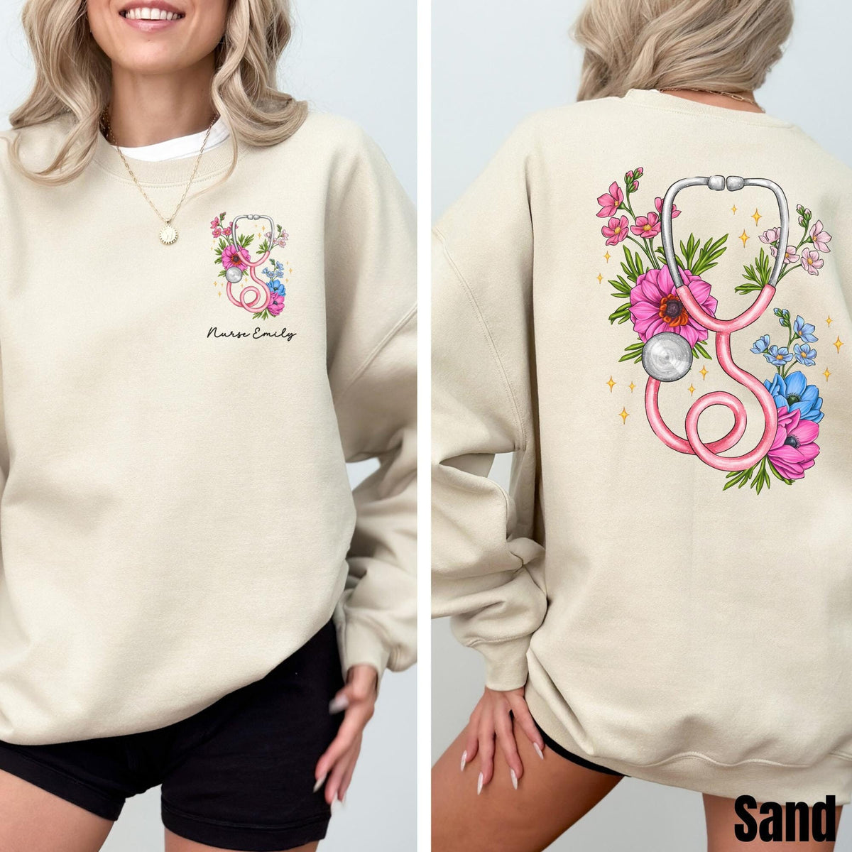Personalized Floral Stethoscope Sweatshirt Custom Nurse Sweater Nursing School Gift Custom Health Care Worker New Nurse Gift Sweatshirt – Aesthetic Look · Trending Graphic Apparel