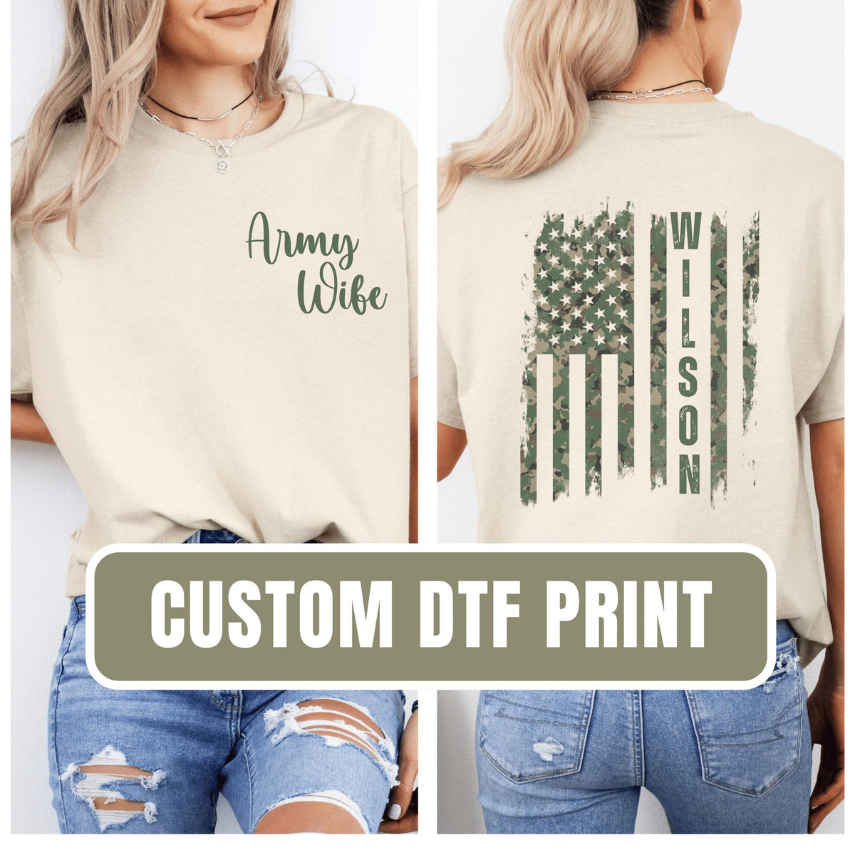 Custom Military DTF Print Personalize with any Military Branch and Title Front and Back Design Included For Army Mom Army Wife Navy Dad Graphic Tee – Bold Style · High-Quality Print