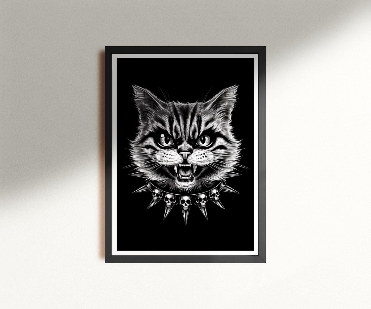 Gothic Cat Print Punk Cat Poster Kitty Skulls Spiked Collar Wall Decor Dark Feline Artwork Heavy Metal Cat Wall Art Festival Clothes Graphic Tee – Fan Favorite · Top Pick For Any Outfit