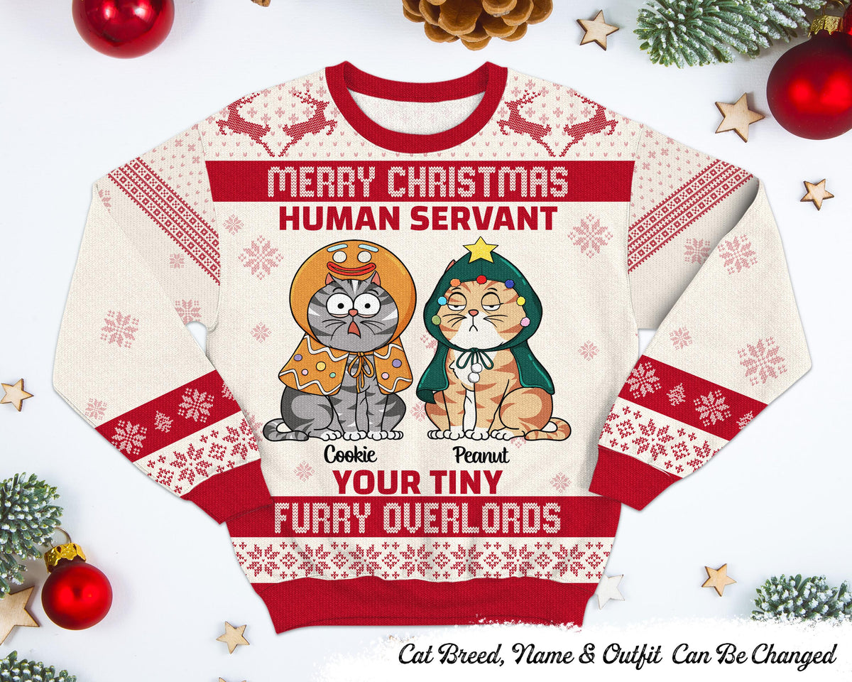Merry Christmas Human Servant Your Tiny Furry Overlords Personalized Unisex Ugly Sweater Funny Cat Mom Cat Dad Gift 2024 Christmas Gift Graphic Tee – Warm & Stylish · Great Gift For Fans